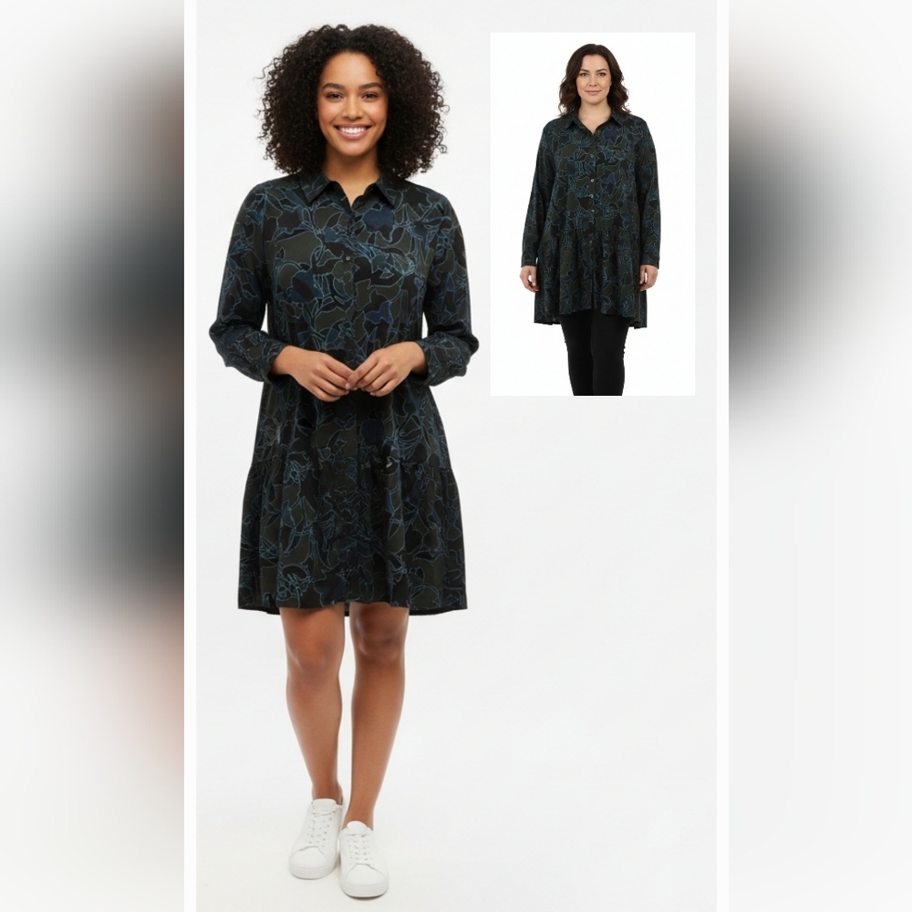 Logo by Lori Goldstein 3X Floral Print Tunic Mini Dress Long Sleeve Black Blue